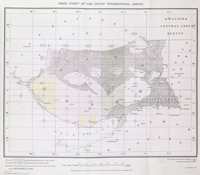 Indexkaart van de Cutch Topografische Survey door de Trigonometrische Afdeling, Survey of India, Dehra Dun, november 1883 door English School